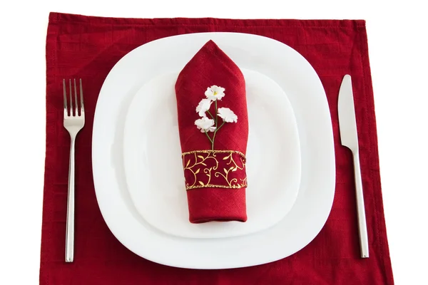 Couteau fourchette et serviette rouge foncé — Photo