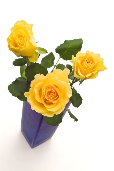 蓝色花瓶里的黄玫瑰 — 图库照片