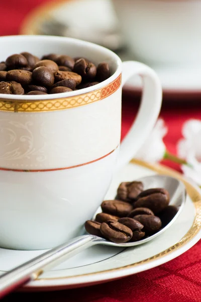 Chicchi di caffè in tazza — Foto Stock