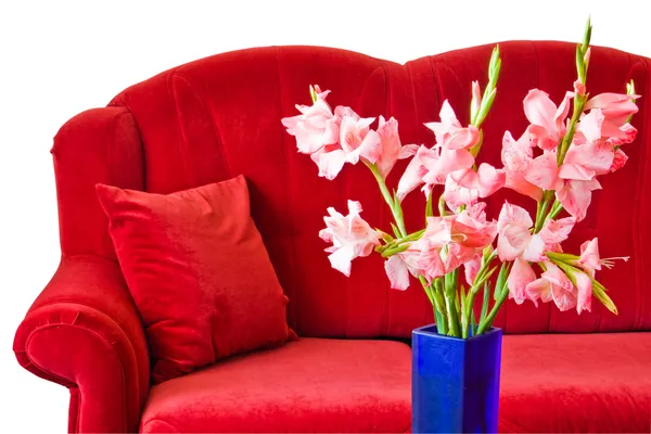 Red sofa and flowers — Stock Photo, Image