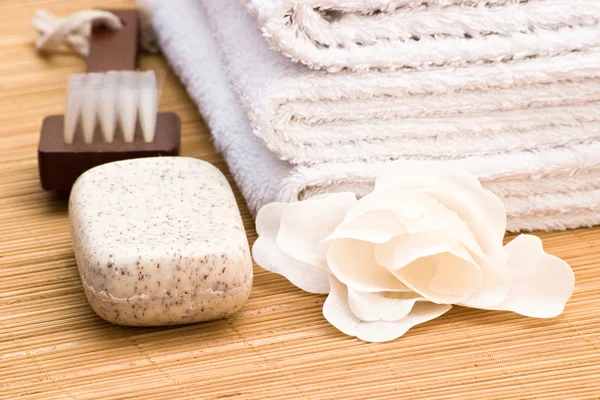 Soap brush and towel — Stock Photo, Image