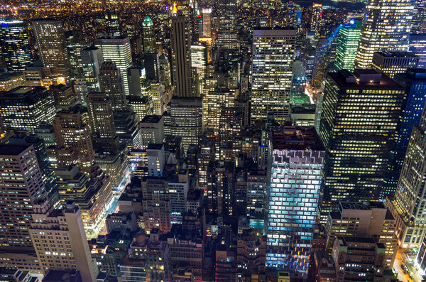 Wideangle shot of skyscrapers lights in New York at night