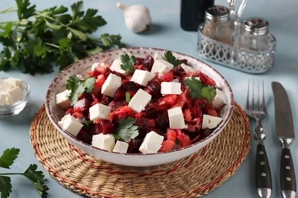 Beetroot Cabbage Salad Feta Cheese Bowl Blue Background — Stock Photo, Image