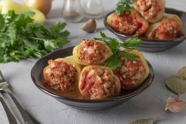 Pirinçle doldurulmuş Bell Pepper ve açık gri arka planda iki tabak domates soslu kıyma.