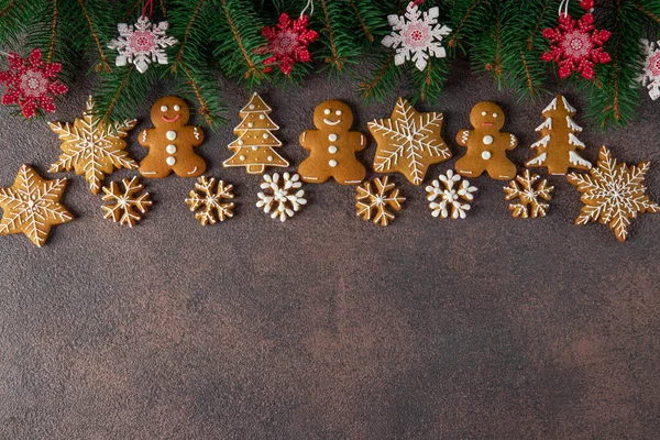 Border Homemade Gingerbread Cookies Shaped Christmas Tree Gingerbread Man Snowflakes — Stock Photo, Image