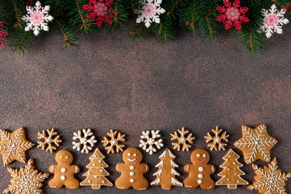 Border Homemade Gingerbread Cookies Shaped Christmas Tree Gingerbread Man Snowflakes — Stock Photo, Image
