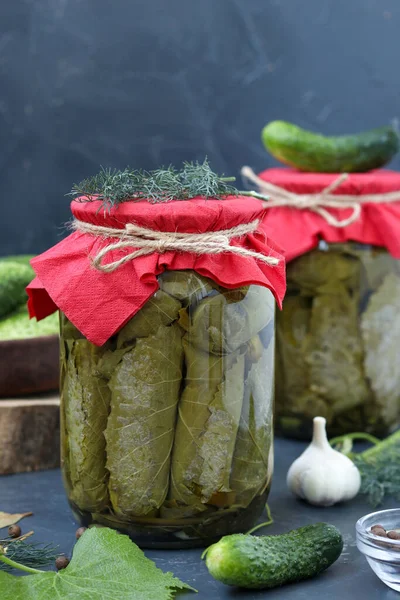 Canned Cucumbers Grape Leaves Glass Jars Dark Background Harvest Winter — Stock Photo, Image
