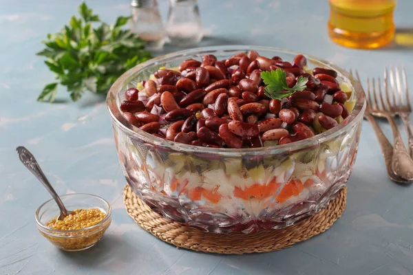 Layered Salad Vinaigrette Red Beans Pickles Boiled Potatoes Beets Carrots — Stock Photo, Image
