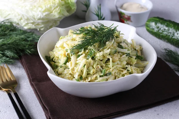 Salad Chinese Cabbage Egg Cheese Cucumber Dressed Mayonnaise Garnished Dill — стокове фото