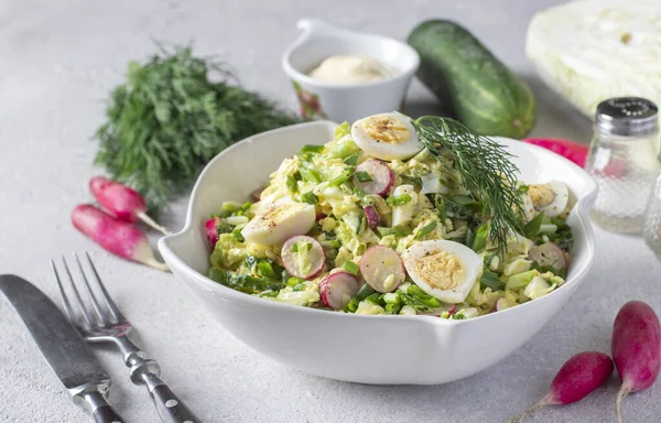 Salad Chinese Cabbage Cucumber Radish Chives Quail Eggs White Plate — стокове фото