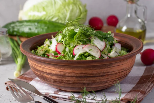 Salad Chinese Cabbage Cucumbers Radishes Chives Dressed Olive Oil Close — стокове фото