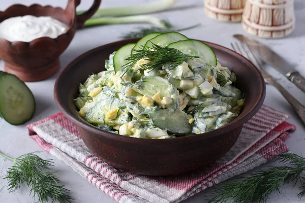 Salad Cucumbers Boiled Eggs Chives Herbs Brown Bowl Light Gray — Stock Photo, Image