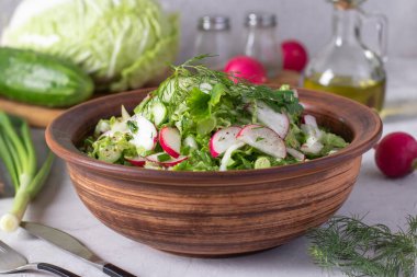 Çin lahanalı salata, salatalık, turp ve yeşil soğanlı, zeytinyağı ile kaplanmış, yakın plan.