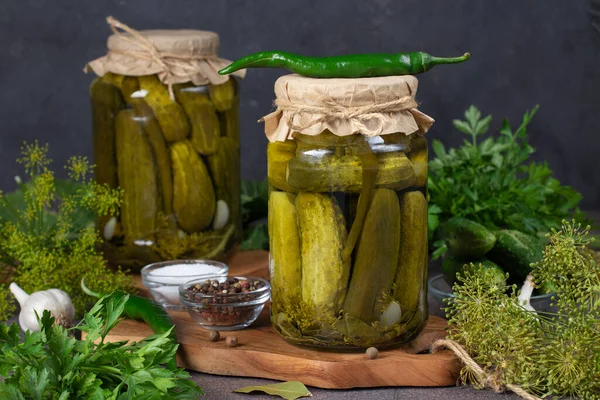 Homemade Pickled Cucumbers Chili Peppers Garlic Dill Two Jars Dark — Φωτογραφία Αρχείου