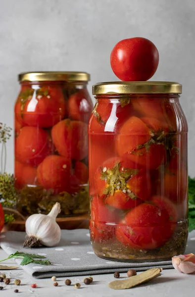 Marinated Tomatoes Cilantro Jars Winter Gray Background — Φωτογραφία Αρχείου