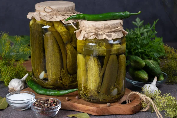 Homemade Pickled Cucumbers Chili Peppers Garlic Dill Two Jars Wooden — Stockfoto