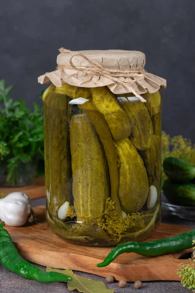 Homemade Pickled Cucumbers Chili Peppers Garlic Dill Glass Jar Gray — стоковое фото