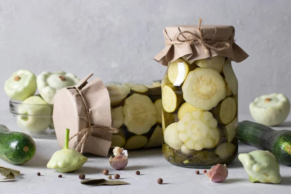 Pickled Patissons Zucchini Dill Garlic Pepper Glass Jars Light Gray — стоковое фото