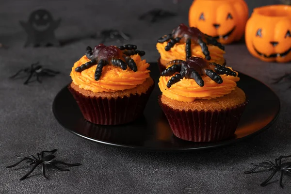 Homemade Halloween Cupcakes Decorated Spiders Sweets Kids Halloween Party Stock Image