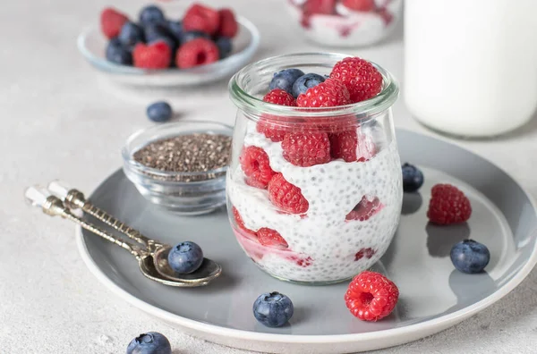 Chia Pudding Blueberry Raspberry Glass Jars Gray Background Healthy Food — 图库照片