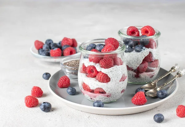 Chia Pudding Blueberry Raspberry Two Glass Jars Gray Background Healthy — Zdjęcie stockowe