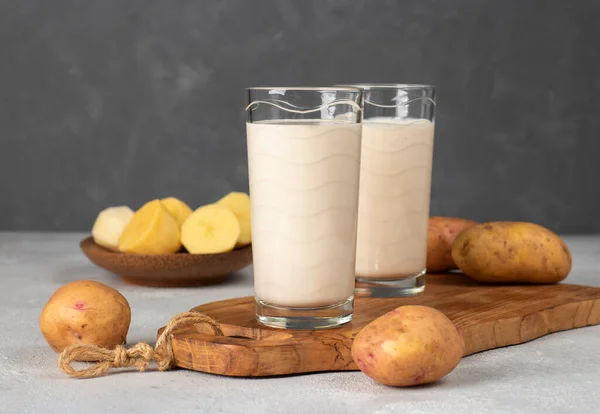 Vegan Potato Milk Two Glass Potato Plate Dark Gray Background — Foto Stock