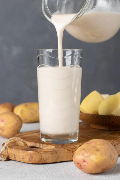 Vegan Potato Milk Poured Glass Jug Use Plant Based Lactose — Fotografia de Stock