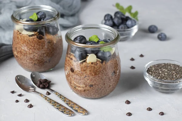 Chocolate Chia Pudding Blueberry Almonds Glass Jars Light Gray Background — Fotografie, imagine de stoc