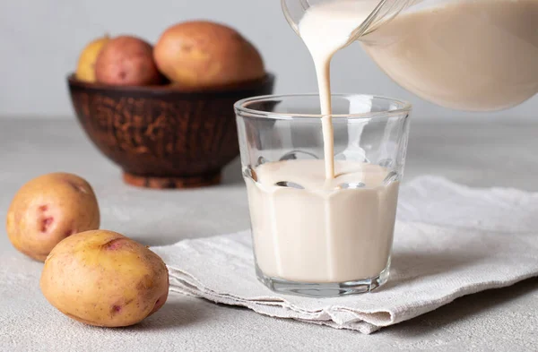 Vegan Potato Milk Poured Glass Jug Use Plant Based Lactose — 图库照片