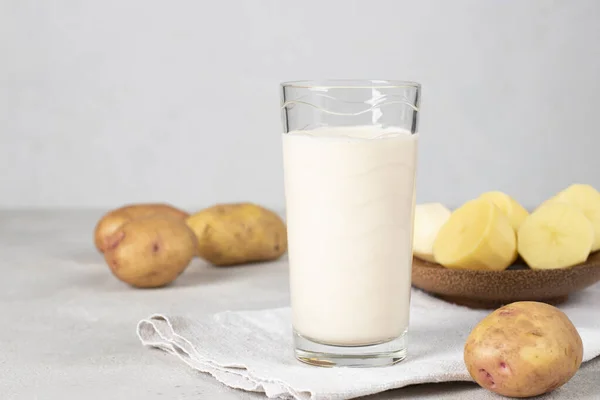 Vegan Potato Milk Tall Glass Potato Plate Gray Background Plant — Fotografia de Stock
