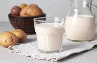 Vegan potato milk in glass and in jug on gray table. Use of plant-based and lactose-free milk replacer