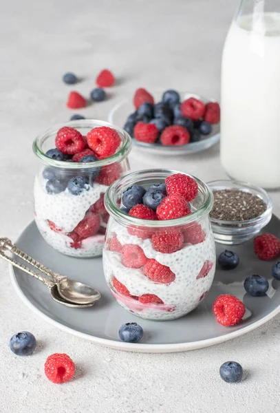 Chia Pudding Blueberry Raspberry Two Glass Jars Gray Background Healthy — 图库照片