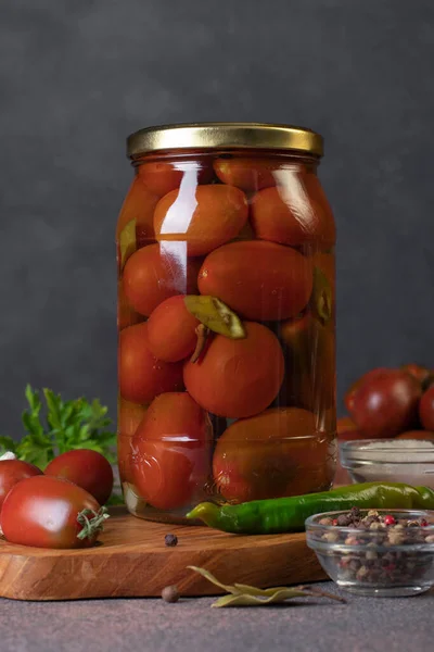 Homemade Pickled Tomatoes Chili Peppers Parsley Glass Jar Gray Background — Fotografie, imagine de stoc