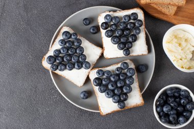 Kalp şeklinde krem peynir ve çavdar ekmekli yaban mersinli sandviç gri tabakta tost, uzay kopyala