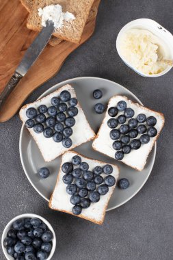 Kalp şeklinde krem peynir ve çavdar ekmekli yaban mersinli sandviç. Gri tabakta tost, üst manzara, dikey görüntü.