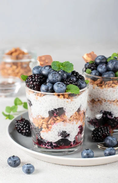 浅色背景的蓝莓和黑莓两种杯子中的奇奇布丁 健康饮食的概念 — 图库照片