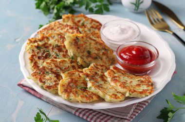 Peynirli, sarımsaklı ve maydanozlu patatesli gözleme. Kahvaltıda ekşi krema ve domates sosuyla servis ediliyor.
