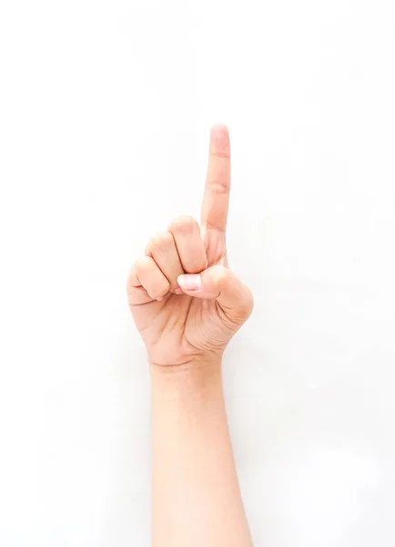 Gesto Mão Mostrando Dedo Indicador Apontando Para Cima Significando Exclamação — Fotografia de Stock