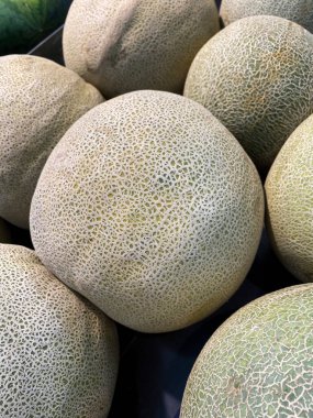 Süpermarket vitrininin rafında bir grup kavun. Meyve sebze alışverişi. Doğa arkaplanı için bir ekran.