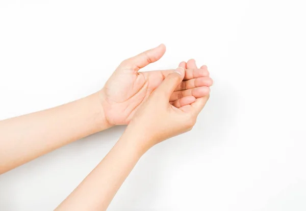 Mão Direita Esfregando Mão Esquerda Uma Maneira Adequada Lavar Mãos — Fotografia de Stock