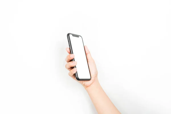 Eine Hand Die Ein Handy Mit Leerem Bildschirm Einer Position — Stockfoto