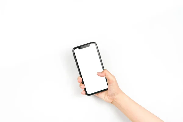 Eine Hand Hält Ein Smartphone Auf Weißem Hintergrund Ein Smartphone — Stockfoto