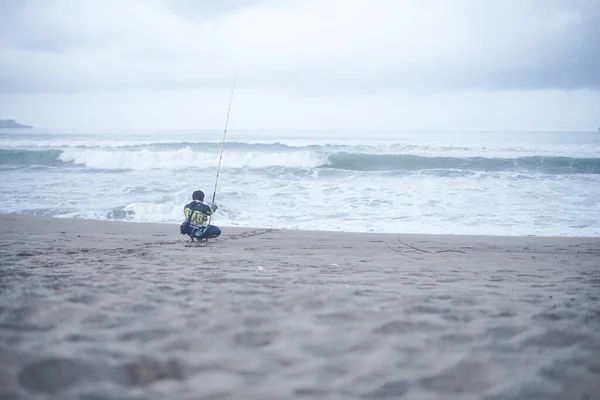 Pacitan Indonesia 2021 Man Fishing Coastline Angling Sandy Beach Kill — Stock Photo, Image