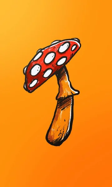 毒菌图解 红色和白色圆点的蘑菇 一个简单的橙色背景的图解 — 图库照片