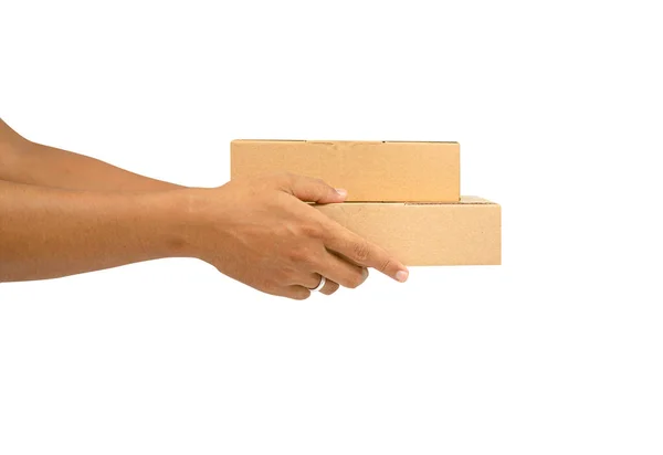 Mãos Segurando Dois Cartões Planos Ponto Vista Superior Maquete Caixas — Fotografia de Stock