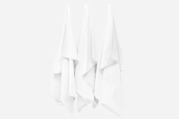 Három Fehér Szövet Lóg Falon Jól Megtervezett Fehér Szövet Koncepció — Stock Fotó