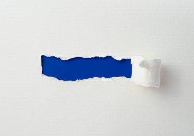 Kıvrık kenarlı yırtık kağıt. Beyaz kağıtta uzun mavi bir yırtık var. Kopyalama alanı ve metin için yırtık kenarlı gerçekçi yırtık kağıt.