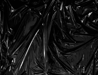 Siyah arka planda şeffaf bir plastik ambalaj. Kaplama ve etki için gerçekçi plastik ambalaj dokusu. Yaratıcı ve dekoratif tasarım için buruşuk plastik desen.