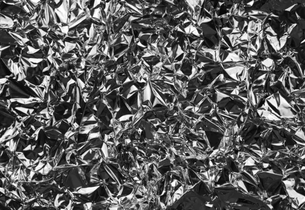 Gyűrött Alumínium Fólia Háttér Ráncos Fényes Ezüst Fólia Díszítésre Kreatív — Stock Fotó