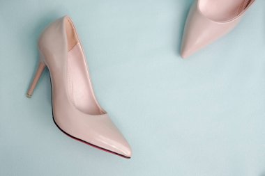 Fotokopi alanları için yaratıcı güzellik konsepti. Moda blogu için geniş topuklu bir kadın. Yaratıcı yazı metni için şık ve çekici bir arkaplan.